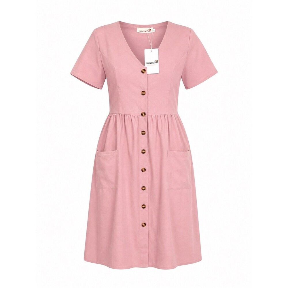 MOKINGTOP Women’s Pink Button Front Midi Dress Size L NWT Cottagecore Pockets